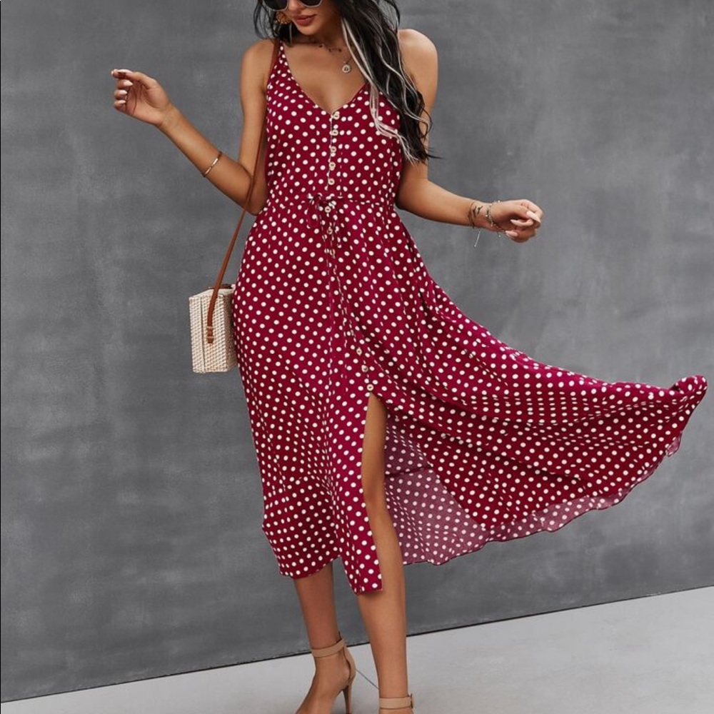 Boho Button Up V Neck Tie Polka Dot Dress BURGUNDY - Picture 1 of 10